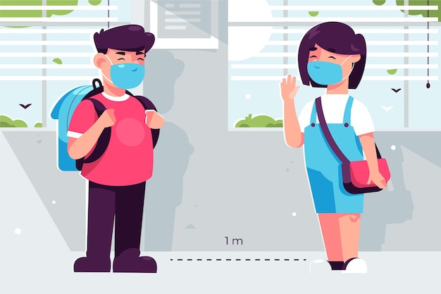 Vector distancia social en la ilustración de la escuela