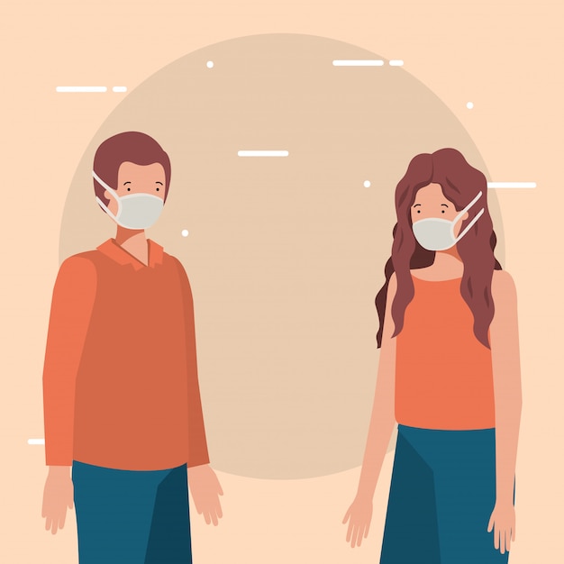Distancia social entre niño y niña con diseño de máscaras de la ilustración del tema del virus Covid 19