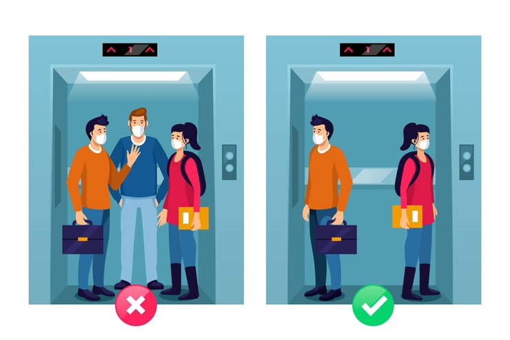 Vector distanciamiento social en un ascensor
