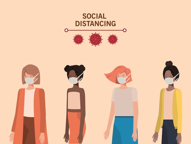 Distanciamiento social entre chicas con diseño de máscaras de la ilustración del tema del virus covid 19