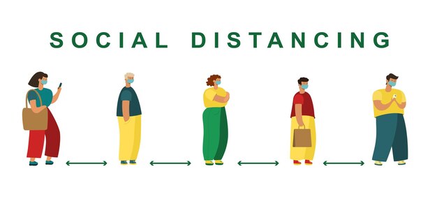 Distanciamiento social. Máscara de gente moderna de cuerpo entero.