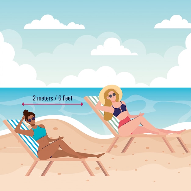 Distanciamiento social en la playa, las mujeres mantienen distancia en la silla de playa, nuevo concepto normal de playa de verano después de coronavirus o covid 19