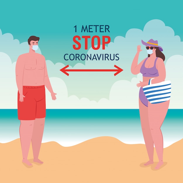 Vector el distanciamiento social en la playa, la pareja con máscara médica mantiene la distancia un metro, el nuevo concepto de playa normal de verano después del coronavirus o el diseño de ilustración vectorial covid-19