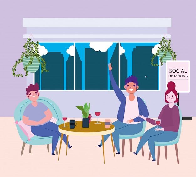Distanciamiento social restaurante o cafetería, pareja y hombre mantienen distancia en la mesa