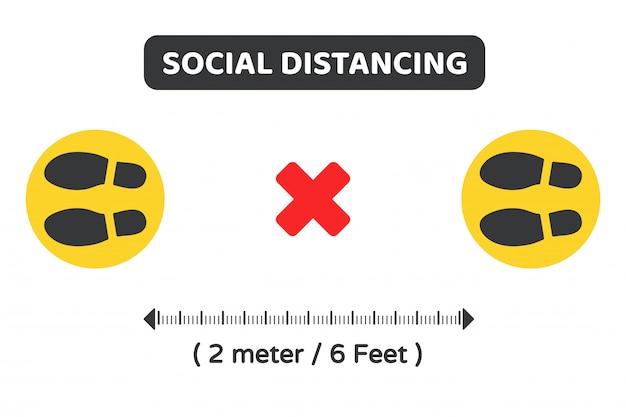 Distanciamiento social. Símbolo de vector en el suelo para indicar la ubicación de la cola Mantener a 2 metros de distancia de los demás.