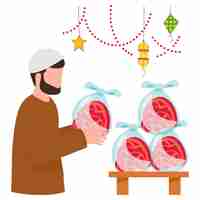 Vector distribución de carne qurbani entre amigos de la familia y pobres concepto de bolsas de carne de sacrificio