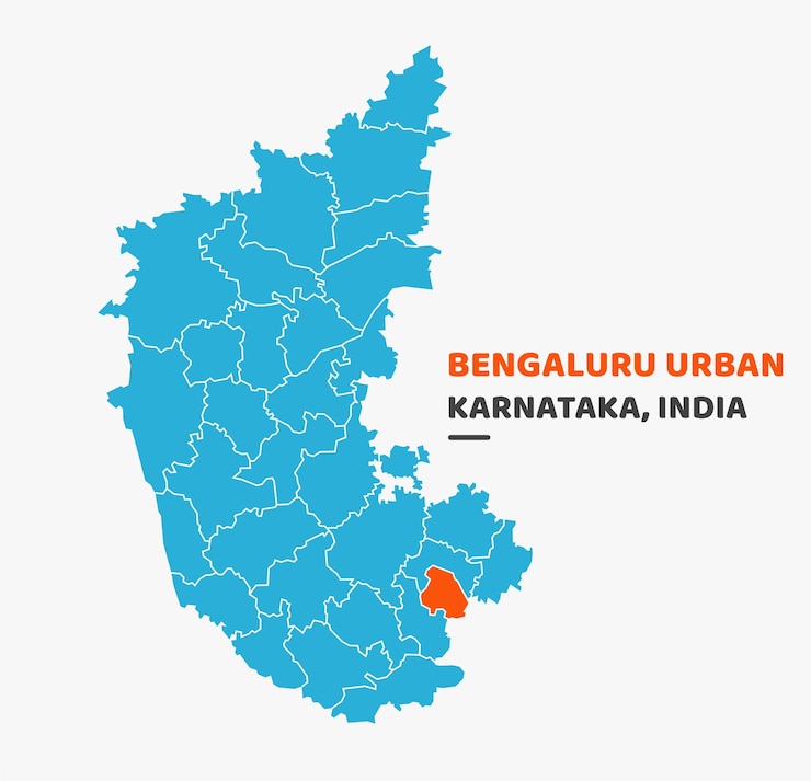 Vector distrito urbano de bengaluru destacado en el mapa del estado de karnataka
