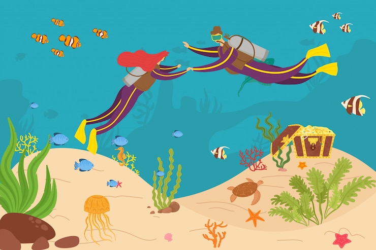 Vector diver pareja aventura de buceo en el mar, ilustración. hombre mujer personaje de dibujos animados recreación en el océano, actividad acuática. turismo subacuático extremo profundo con equipo de buceo.