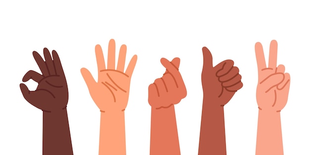 Diversas manos levantando y mostrando gestos positivos con las manos Diversidad multicultural Igualdad racial