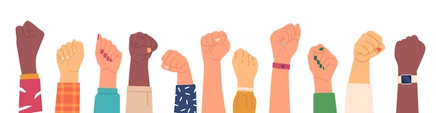 Diversas manos protestan Activistas de derechos humanos Luchan con personajes de discriminación Fila de brazos contra la revolución de la guerra Huelga Igualdad sexual Lgbt Demostración Personas de dibujos animados Vector Ilustración