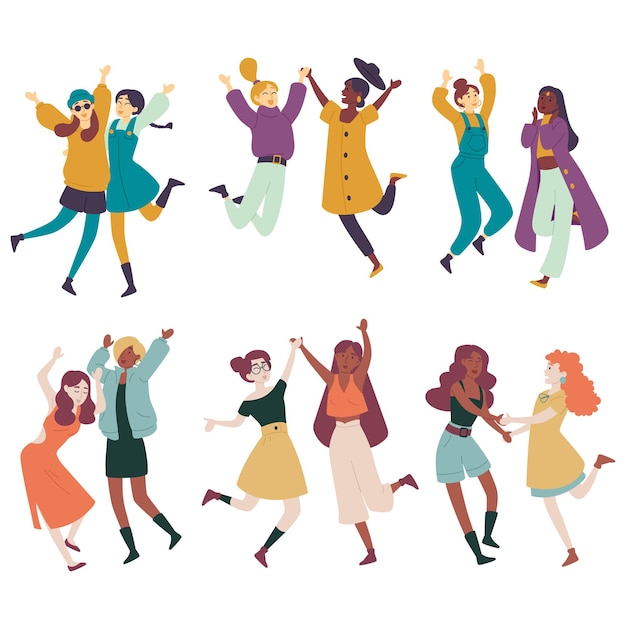 Diversas mujeres divirtiéndose juntas mujeres multiétnicas saltando bailando