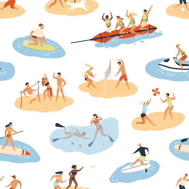 Vector diversas personas disfrutando de la actividad al aire libre de verano de patrones sin fisuras. feliz hombre y mujer teniendo ocio en la playa, en el mar o en el océano vector ilustración plana. persona descansando, haciendo deporte y divirtiéndose.