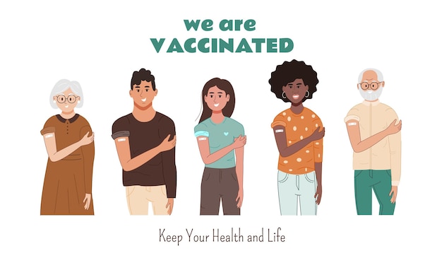 Diversas personas felices muestran vendaje en el hombro después de la vacunación contra el coronavirus mujeres y hombres vacunados