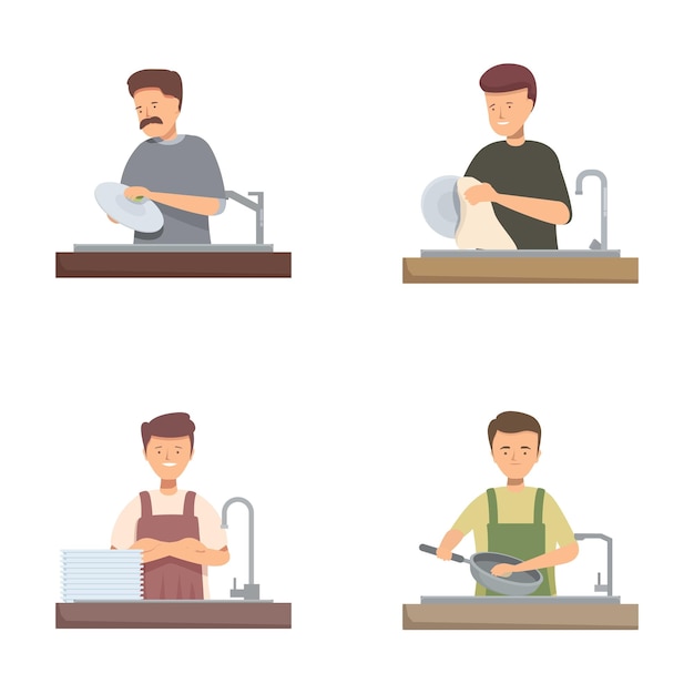 Diversas personas lavando platos conjunto de ilustraciones