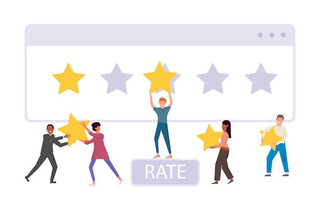 Diversas personas multiétnicas votando dando estrellas de calificación de retroalimentación. Personaje de cliente, cliente o usuario que elige la clasificación de satisfacción para la estimación dejando la ilustración de vector de revisión de crítico personal