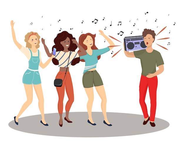 Vector diversas personas pequeñas bailando y escuchando música con auriculares. grupo de personajes de dibujos animados masculinos y femeninos.