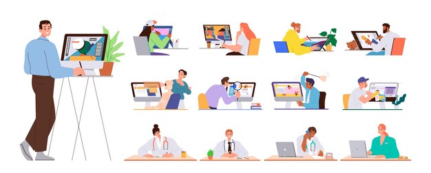 Diversas personas personajes de dibujos animados de diferentes profesiones ocupación laboral en el espacio de trabajo aislado conjunto hombre y mujer médico diseñador web programador gerente de ciberseguridad IA trabajador ilustración vectorial
