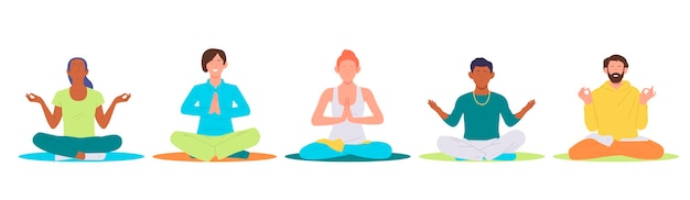 Diversas personas personajes de dibujos animados meditando sentados en la postura de loto de yoga sintiendo armonía y zen
