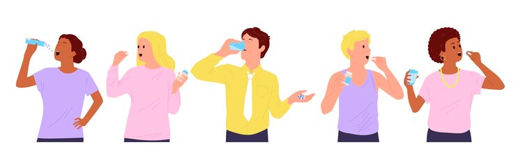 Vector diversas personas personajes de dibujos animados tomando pastillas bebiendo agua de vidrio aislado en blanco