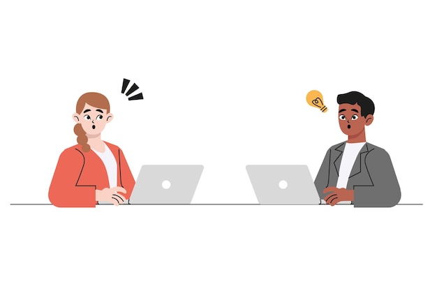Diversas personas sonrientes que trabajan en computadoras en línea generan ideas creativas. Hombres sorprendidos un