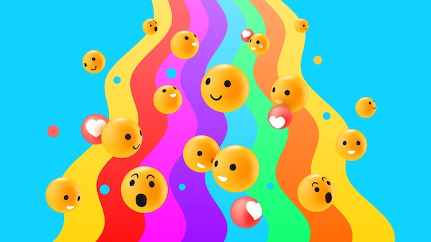 Vector diversas reacciones de caras de emoción 3d sobre fondo de arco iris brillante. ilustración vectorial