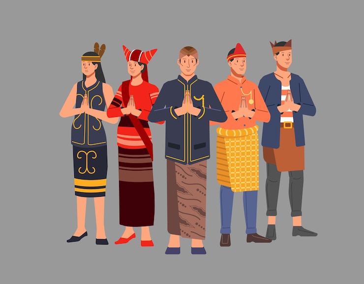 Vector diversidad cultural de la gente del estado de indonesia, hombres y mujeres, usan ropa tradicional