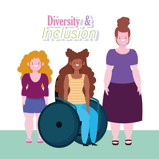 Diversidad e inclusión, mujer afroamericana en silla de ruedas y caricatura de mujeres de baja estatura