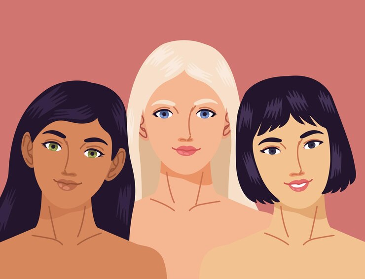 Vector diversidad mujeres grupo personajes desnudos
