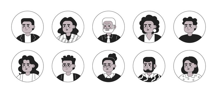 Diversidad de personas afroamericanas paquete de cabezas de personajes lineales planos monocromos