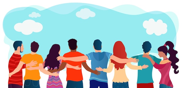 Vector diversidad de personasgrupo de amigos multiétnicos abrazados y unidos cooperación amistad