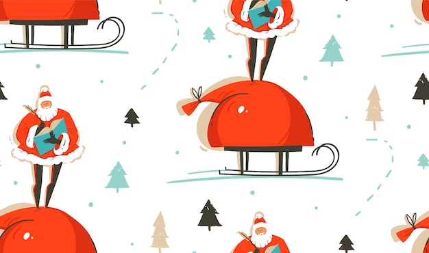 Diversión abstracta de vector dibujado a mano ilustración de tiempo de feliz Navidad de patrones sin fisuras con Santa Claus y bolsa de muchos regalos sorpresa en trineo aislado sobre fondo blanco.