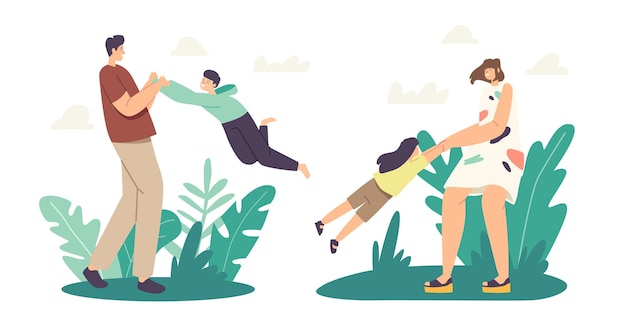 Diversión familiar al aire libre, concepto de paternidad e infancia. Personajes felices mamá y papá girando y girando hijo e hija alrededor en el aire, fin de semana relajarse, vacaciones. Ilustración de Vector de gente de dibujos animados