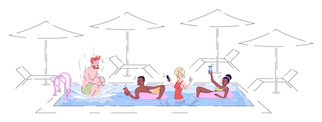 Diversión en la piscina ilustración vectorial plana amigos relajantes saltando en el agua bebiendo cócteles en el balneario personajes de dibujos animados aislados con elementos de contorno sobre fondo blanco