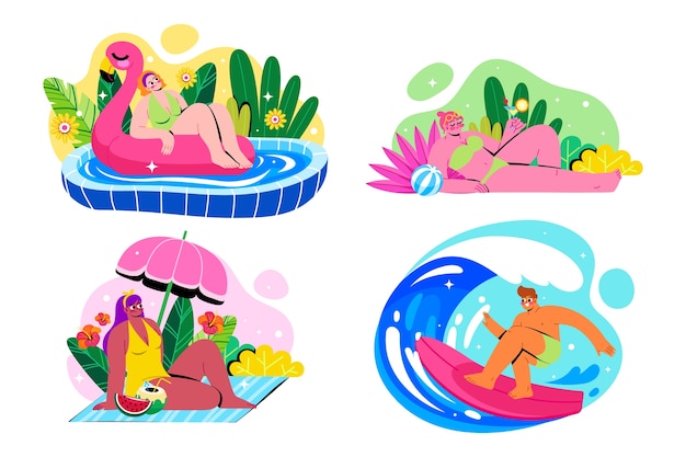 Diversión y relajación en verano: playa, piscina y escenas de surf