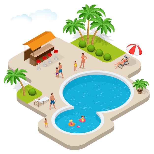 Diversión de verano en el parque acuático. Niño con padres en tobogán de agua en el parque acuático. Vacaciones de verano. Ilustración isométrica vectorial plana 3d