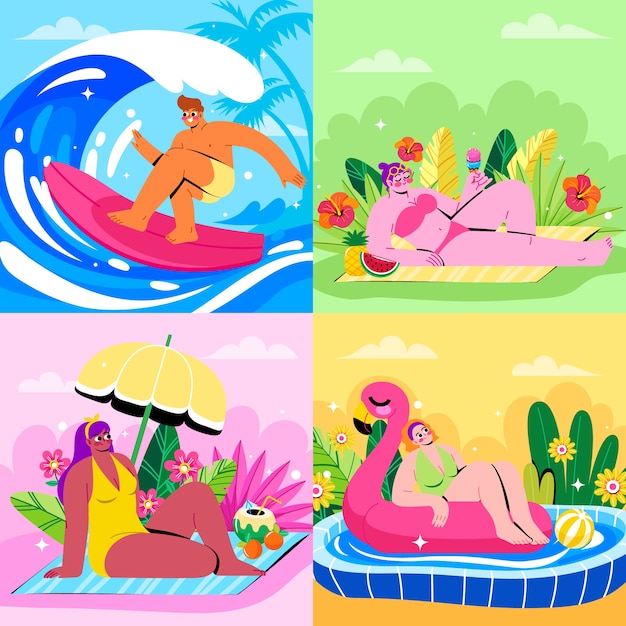 Diversión de verano: playa, piscina y escenas de surf