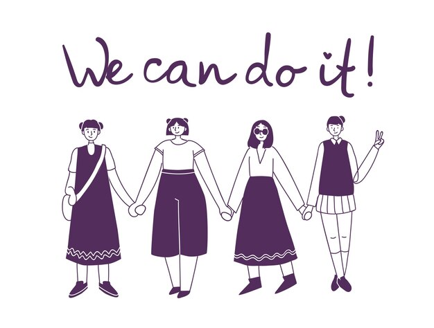 Diverso grupo internacional e interracial de mujeres de pie Somos más fuertes juntos texto Para el concepto de poder de las niñas ideas femeninas y feministas diseño de tarjetas de empoderamiento de la mujer