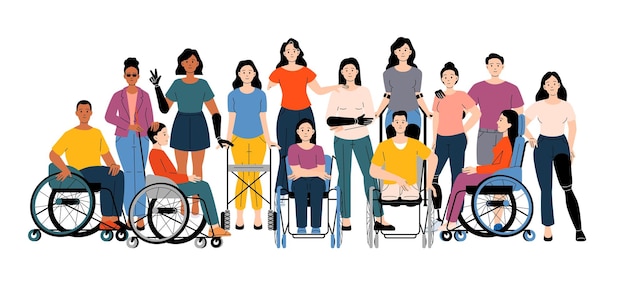 Diverso grupo de personas con discapacidad y prótesis Individuos de pie sentados en sillas de ruedas que muestran inclusión y empoderamiento Ilustración vectorial de dibujos animados