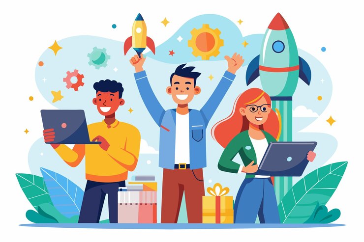 Vector diverso grupo de personas emocionadas de pie alrededor de una computadora portátil llena de cohetes y aparatos personas emocionadas con cohetes y aparatos de moda ilustración vectorial plana simple y minimalista