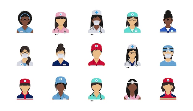 Diverso grupo de profesionales de la salud y avatares de personal médico
