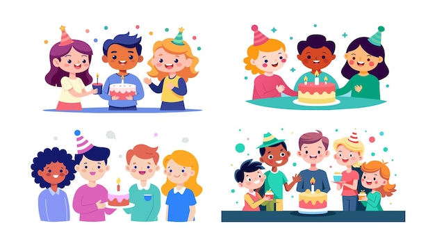 Diversos amigos celebrando con pastel de cumpleaños y ilustraciones de velas