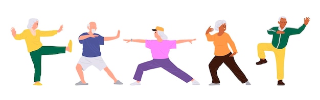 Diversos ancianos activos y sanos practicando tai chi por la mañana ejercicio chino conjunto aislado
