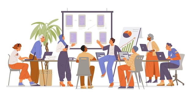 Diversos colegas de diferentes edades, sexos y etnias en una reunión Concepto de lugar de trabajo inclusivo