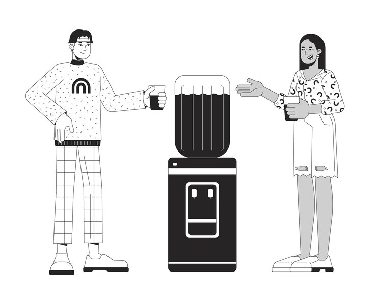 Diversos colegas hablando por el enfriador de agua en blanco y negro 2D personajes de dibujos animados