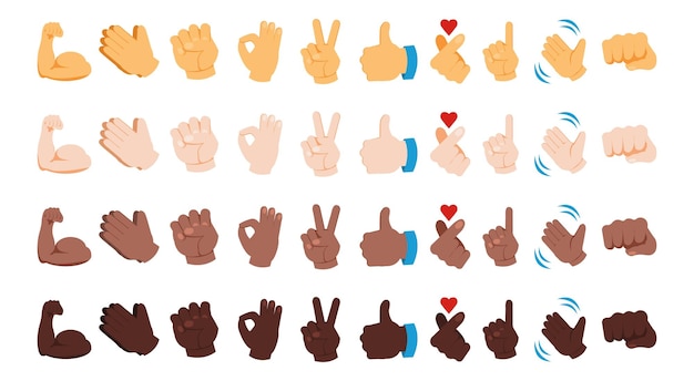 Diversos emoji de mano Varios gestos sociales de color de piel Signos de pulgar hacia arriba de color amarillo y blanco negro Emoticonos de brazos que agitan y rezan Iconos de paz o de palma OK Conjunto de símbolos de chat de mensajero aislado vectorial