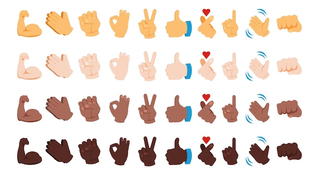 Diversos emoji de mano varios gestos sociales de color de piel signos de pulgar hacia arriba de color amarillo y blanco negro emoticonos de brazos que agitan y rezan iconos de paz o de palma ok conjunto de símbolos de chat de mensajero aislado vectorial