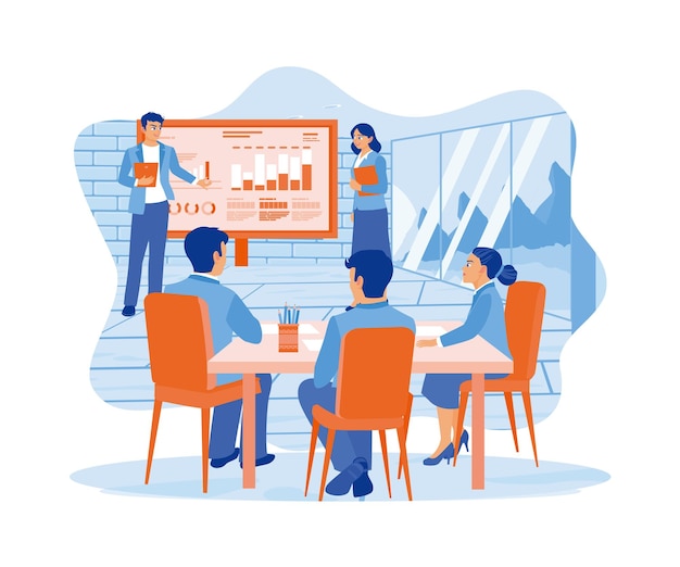 Diversos empresarios analizan gráficos de datos de crecimiento y estadísticas financieras en la sala de reuniones.