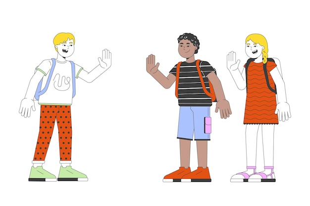 Diversos escolares saludándose entre sí personajes de dibujos animados en 2D