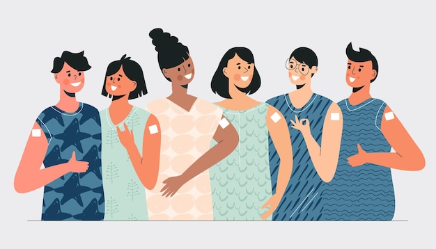 Diversos grupos de jóvenes después de recibir la vacuna Escena de vacunación de adolescentes Vacunación de niños para la inmunidad de la salud Ilustración de vector plano de niños multiculturales Prevención e inmunización