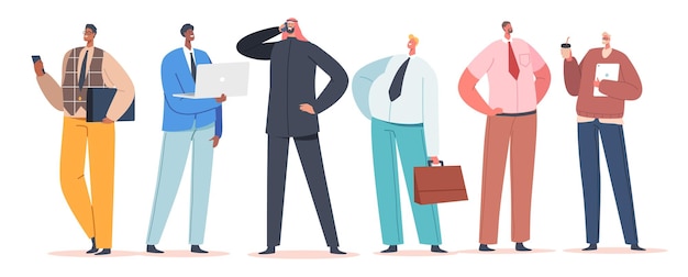 Diversos hombres de negocios se paran en fila Personaje masculino confiado Caucásico Africano Indio Árabe o asiático Ropa formal Aislada en fondo blanco Dibujos animados Gente Vector Ilustración